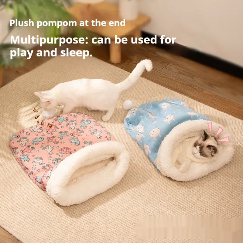 Blue flannel cat sleeping bag nest measuring 50cm by 40cm for pet beds and cages.