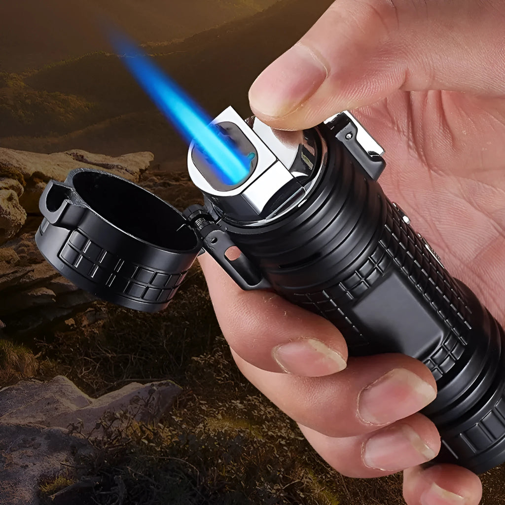 TH727 Multifunction metal flashlight lighter in camouflage, red, black, blue, and yellow colours.