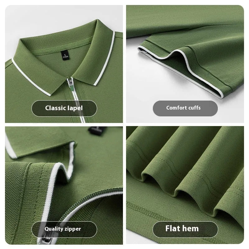 Men's long-staple cotton polo shirt with zipper front in white, regular fit, short sleeves
