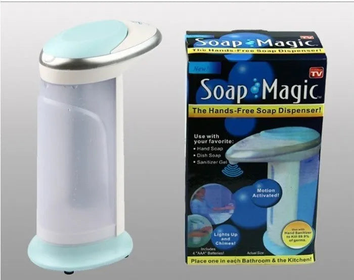 Automatic touchless soap dispenser with black plastic body and sensor nozzle on a countertop