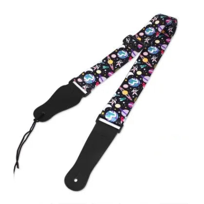 Printed colour cloth guitar shoulder strap with multiple style designs on display