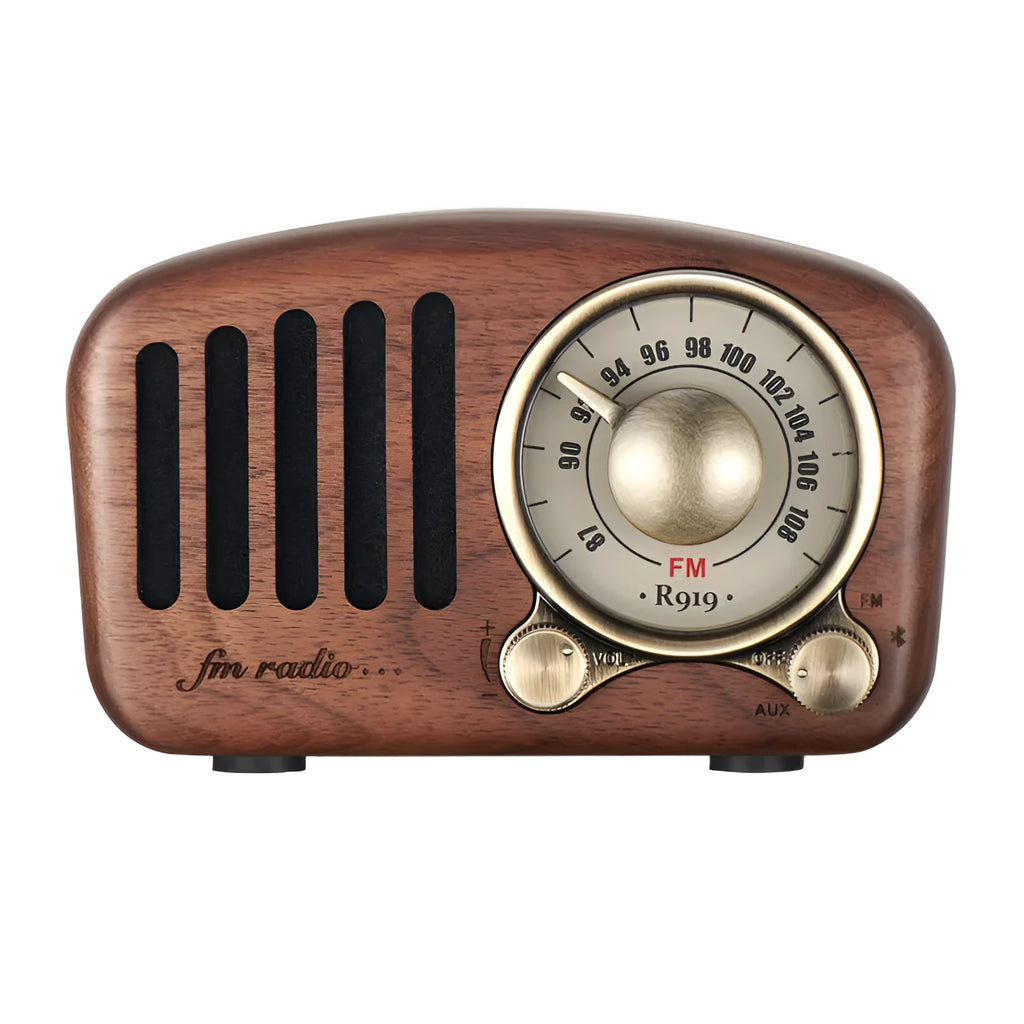 Compact retro wooden wireless Bluetooth speaker in cherry or walnut finish with SD card slot