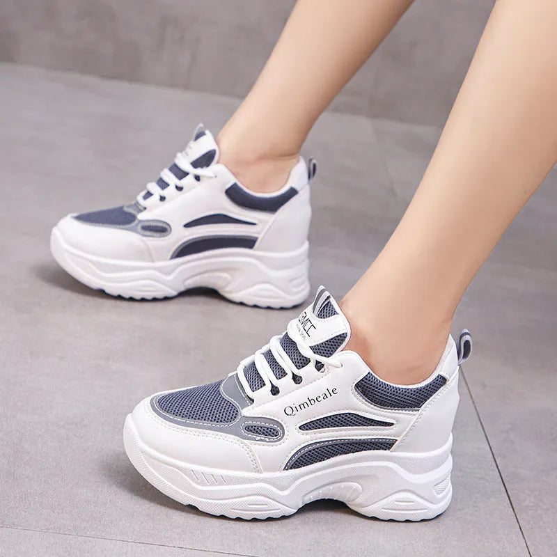 White mesh and PU dad sneakers with height-increasing platform sole and 6-8cm wedge heel