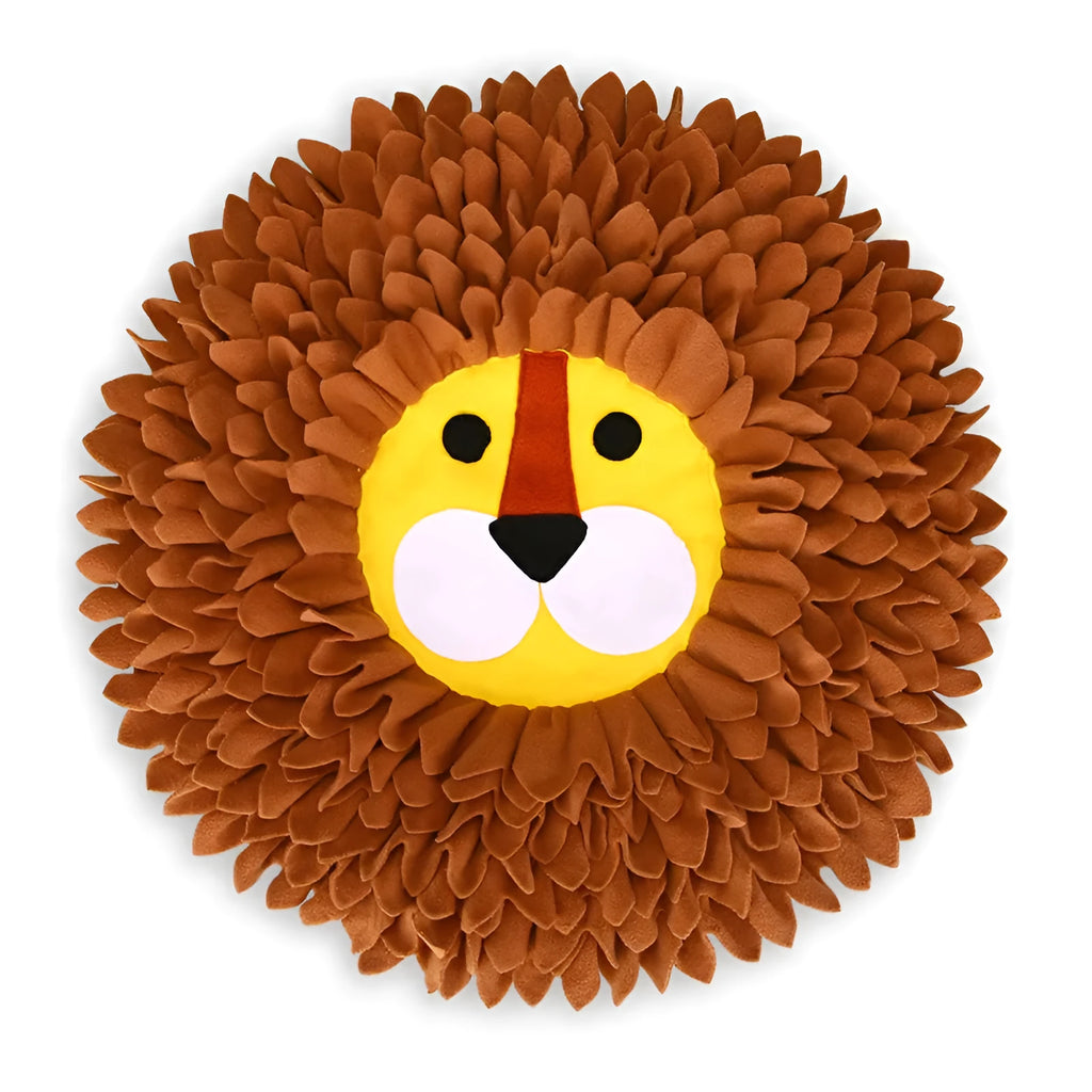 Brown dog snuffle mat with 16 removable fleece strips for hiding treats, measuring 33x25 cm