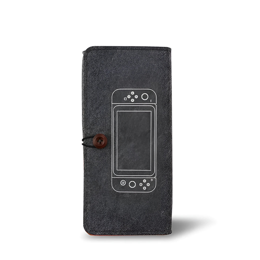 Black Nintendo Switch felt carrying pouch showing game card slots and dual compartments.