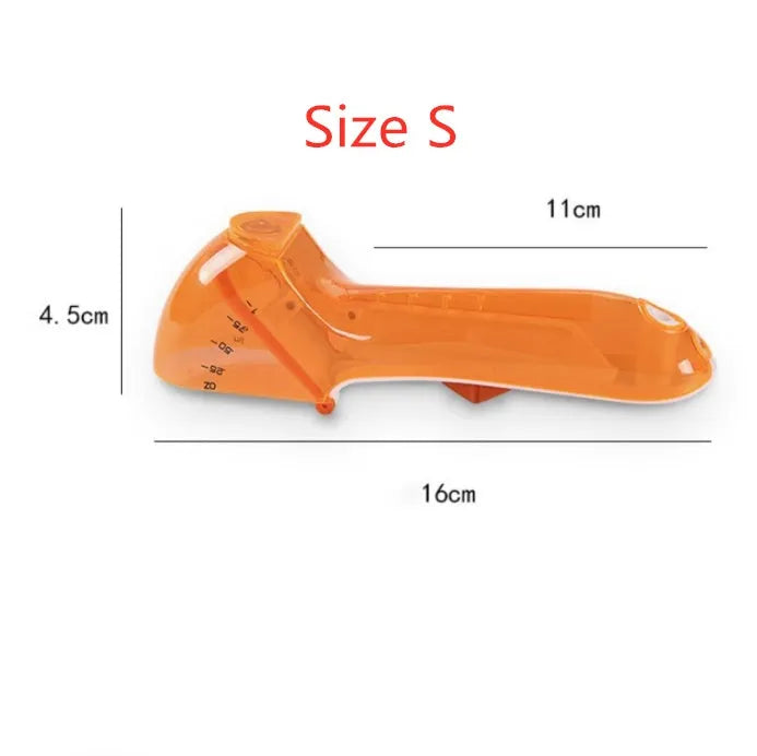 Orange and blue digital measuring spoons with magnetic snap showing nested storage on a fridge surface