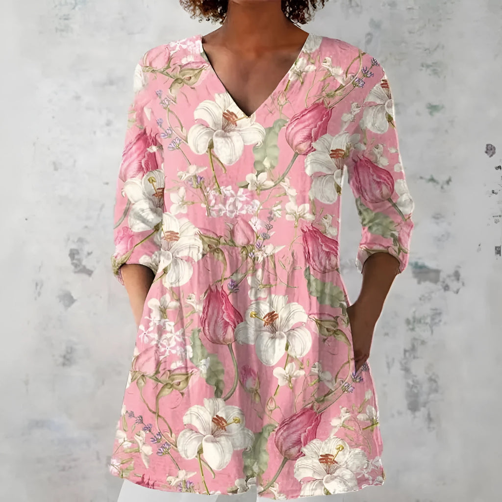 Women's retro slim fit printed long-sleeved polyester top in various colours and sizes