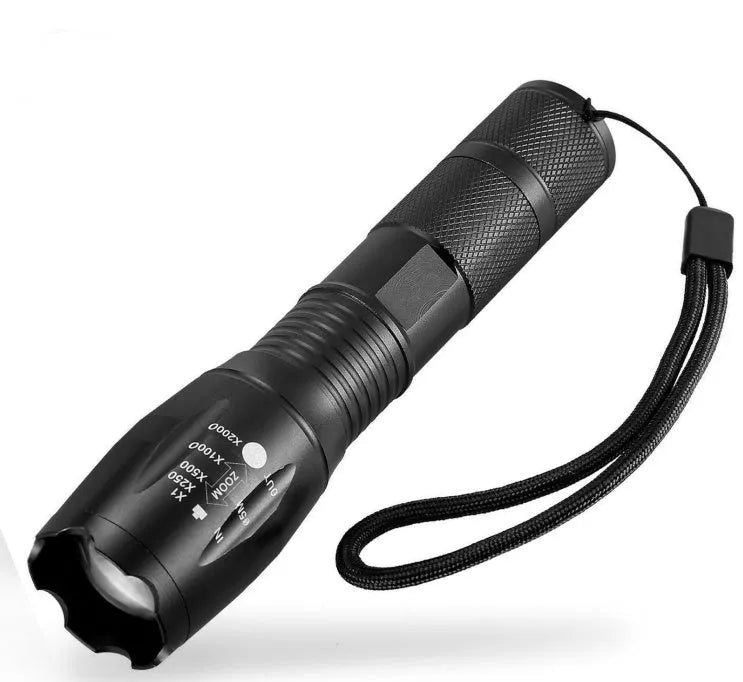 Portable mini LED zoom flashlight in black aluminium alloy body with adjustable focus 500m range
