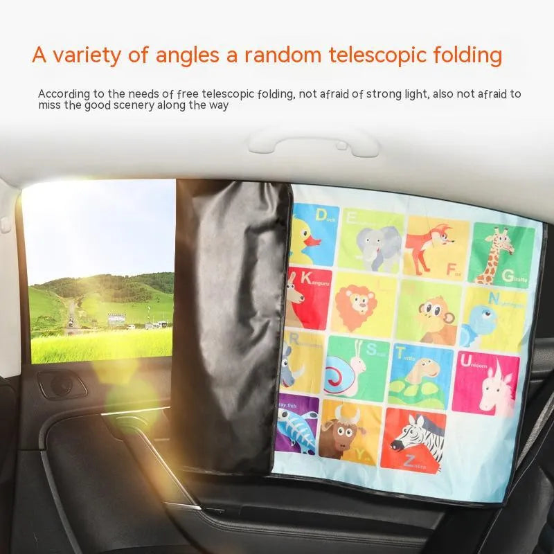 Automatic retractable magnet car sunshade with silver tape for general vehicles, cartoon anime pattern design