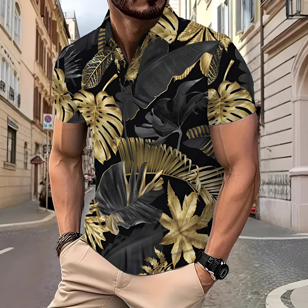 Men's gold tropical plant pattern short sleeve printed shirt on display