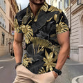 Men's gold tropical plant pattern short sleeve printed shirt on display