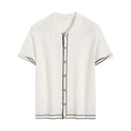 White short-sleeve cardigan with contrast colour lapels in old money style