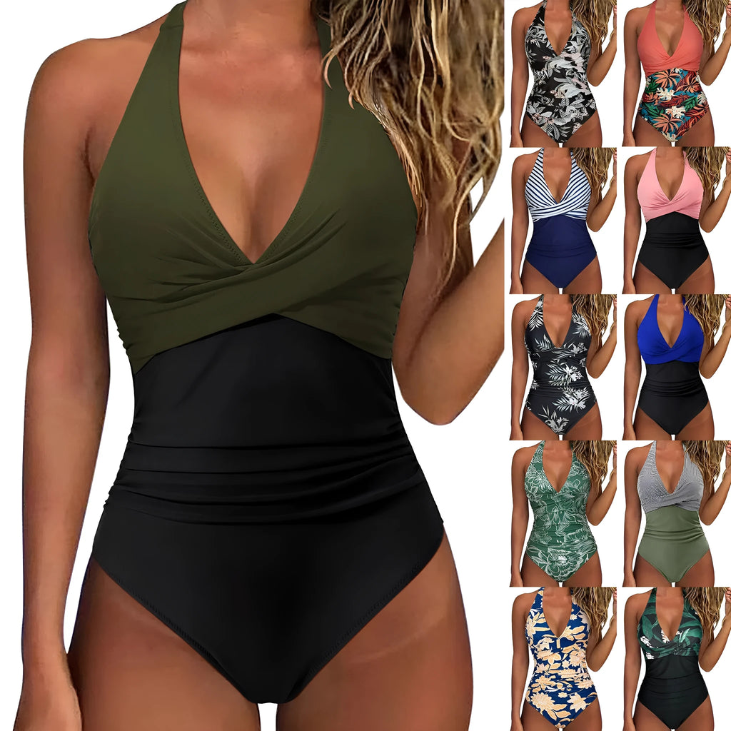 Women's multicolor backless lace-up Siamese swimsuit in green flower pattern high waisted