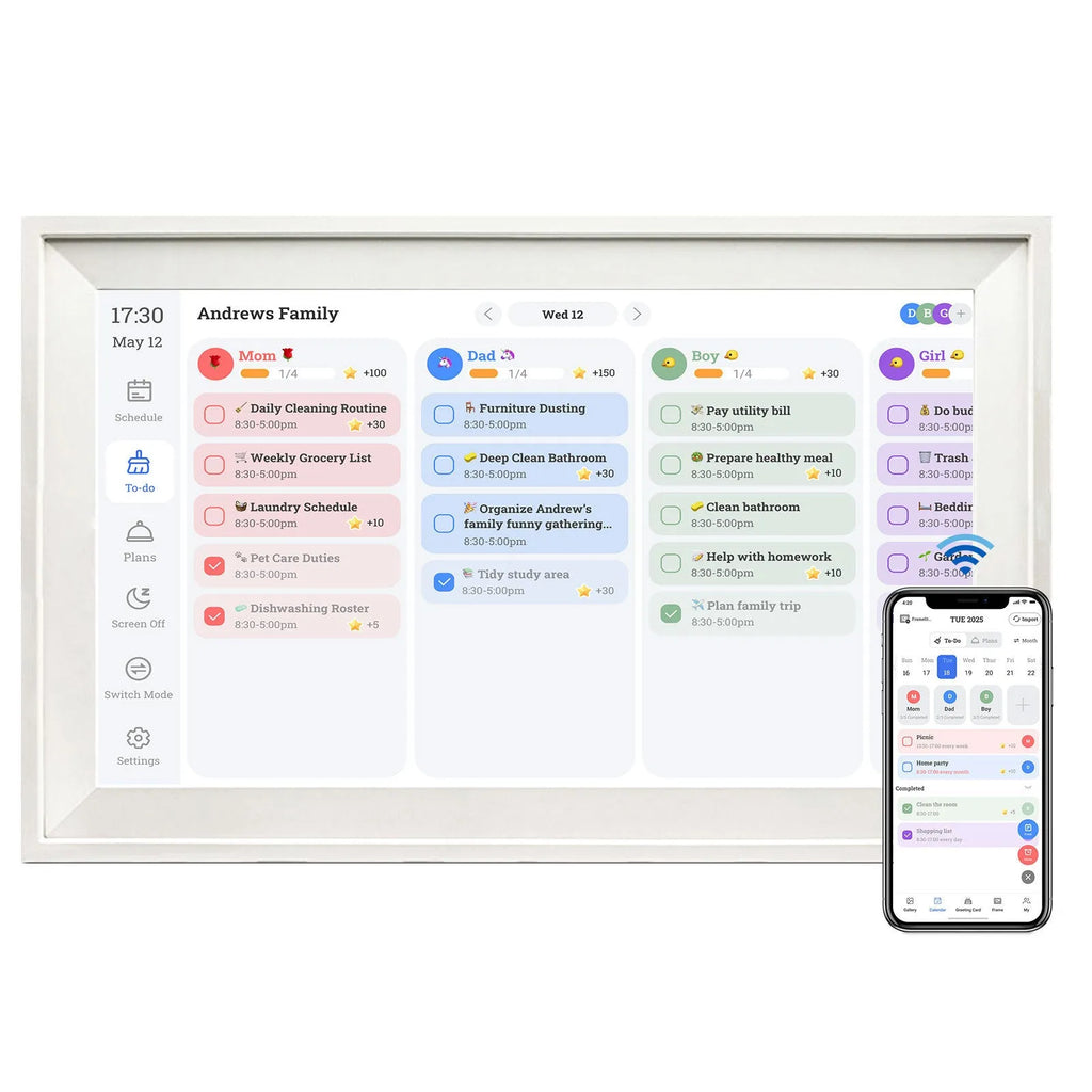 White 15.6-inch smart digital photo frame with wall mount bracket and mobile app connectivity