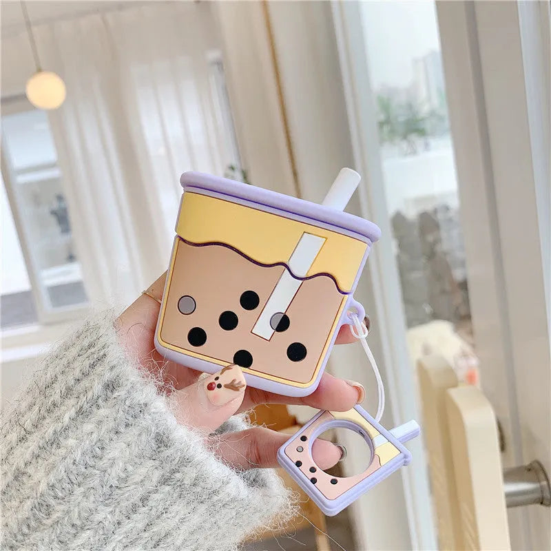 Milk tea silicone earphone cover for Apple AirPods 2nd generation in green, orange, pink, purple colours on white background
