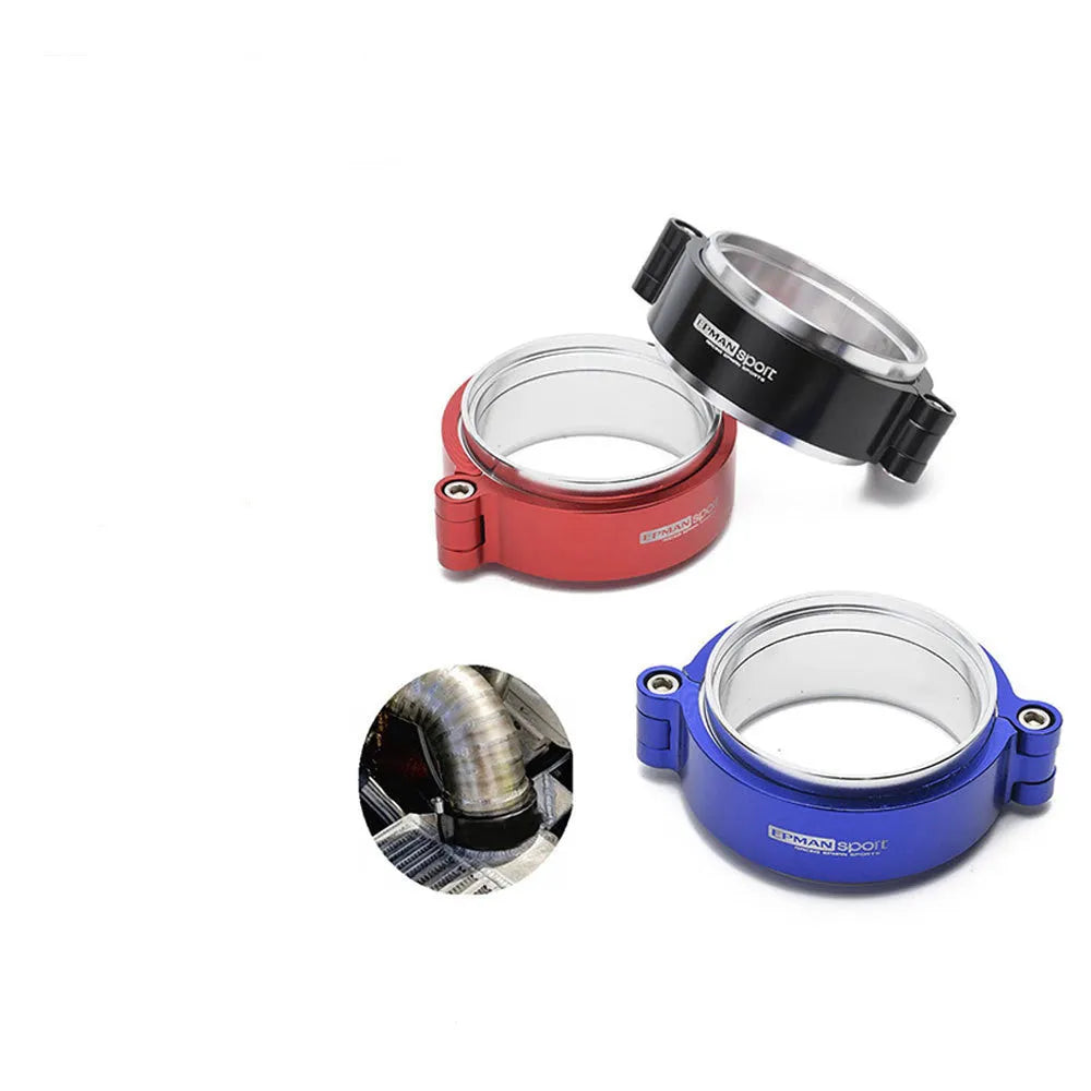 Aluminium fixed movement clamp for car exhaust systems in black, blue or red