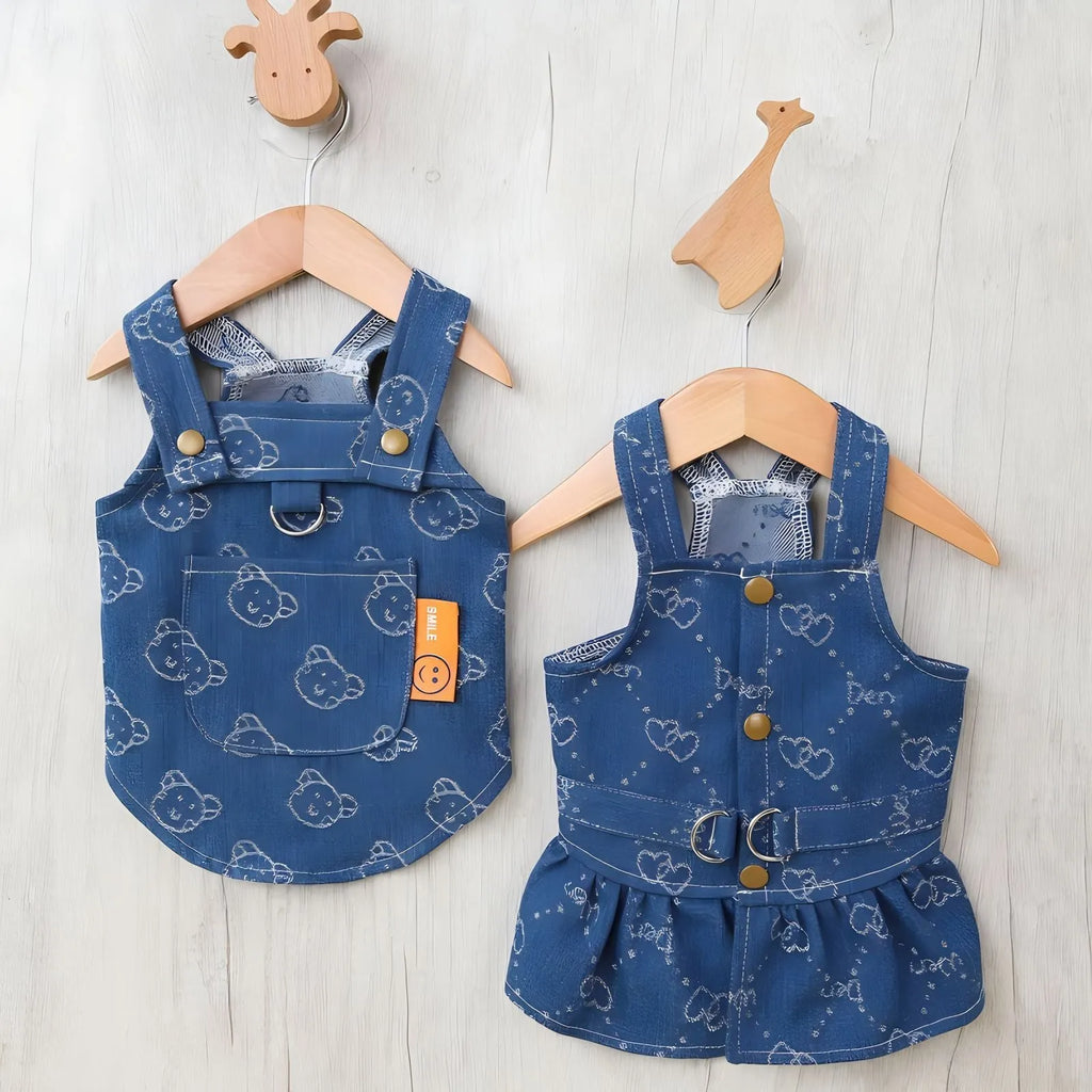 Teddy Bichon dog wearing denim princess dress with bracket design for spring and autumn seasonal wear