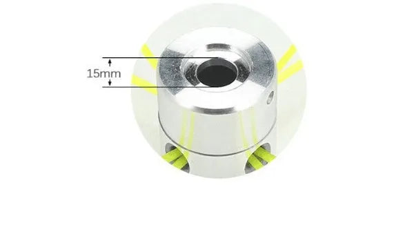 Silver aluminium lawn mower trimmer head replacement kit with four light yellow grass strings and fitting wrench