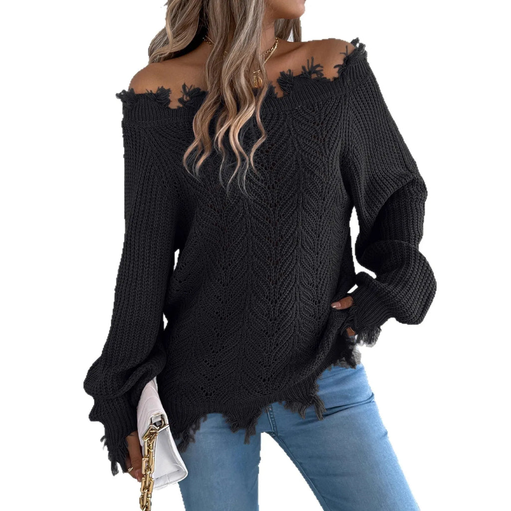 Hollow-out cut off-the-shoulder pullover sweater in artificial wool fabric available in white, orange and black colours