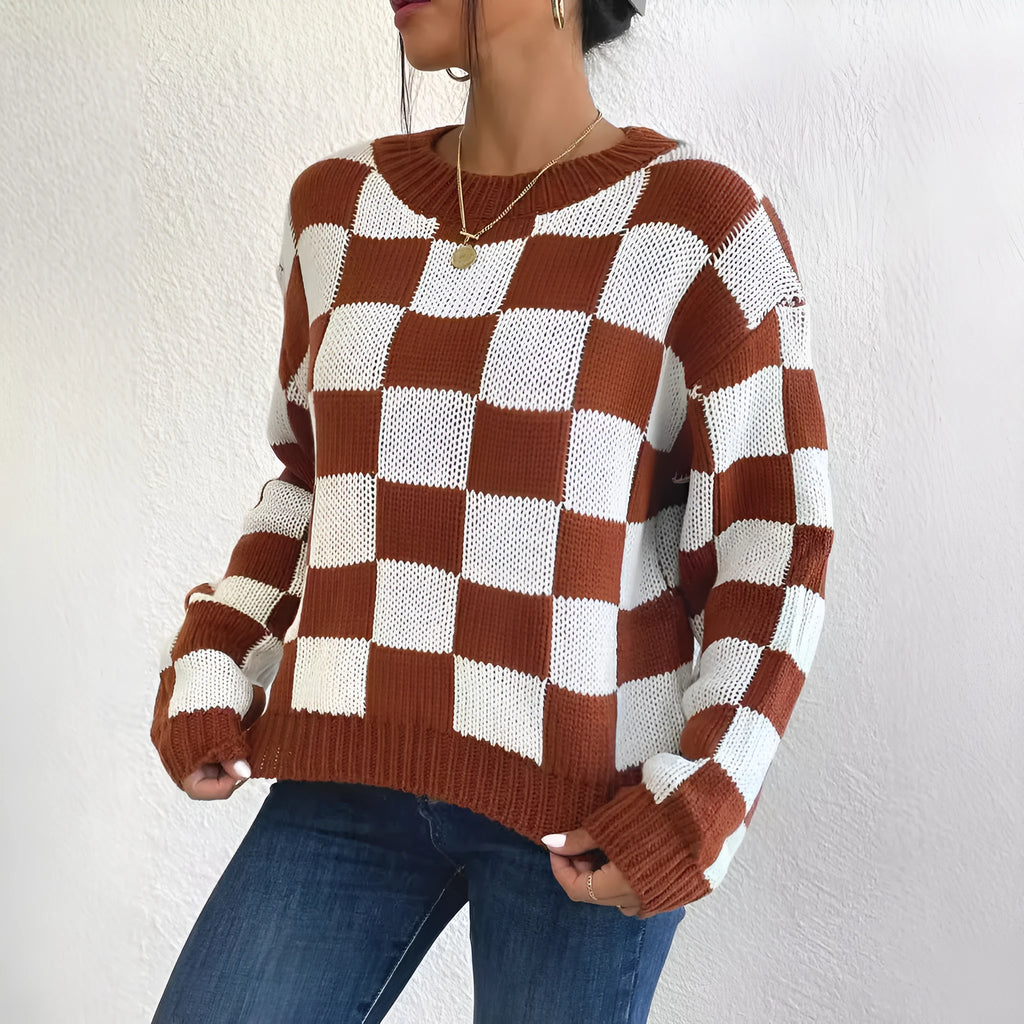 Dark brown chessboard plaid pattern acrylic pullover sweater with loose fit and round neck