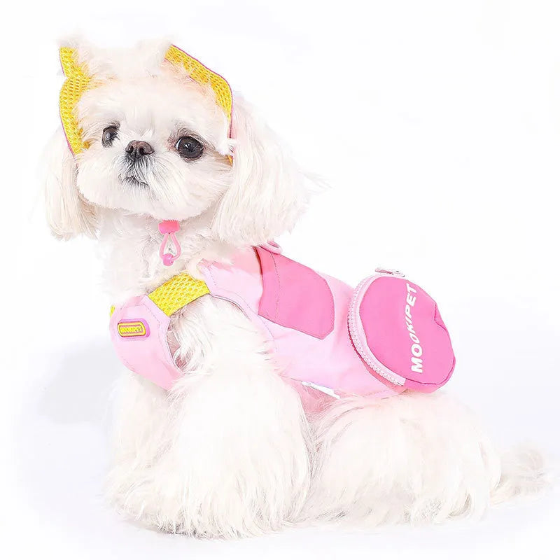 Pink polyester dog vest for small breeds like Bichon Frise on a white background.