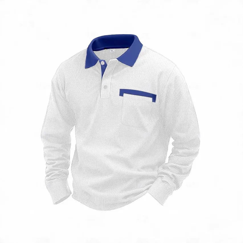 Man wearing a long-sleeved waffle texture polo shirt in a solid colour with a loose, retro fit.