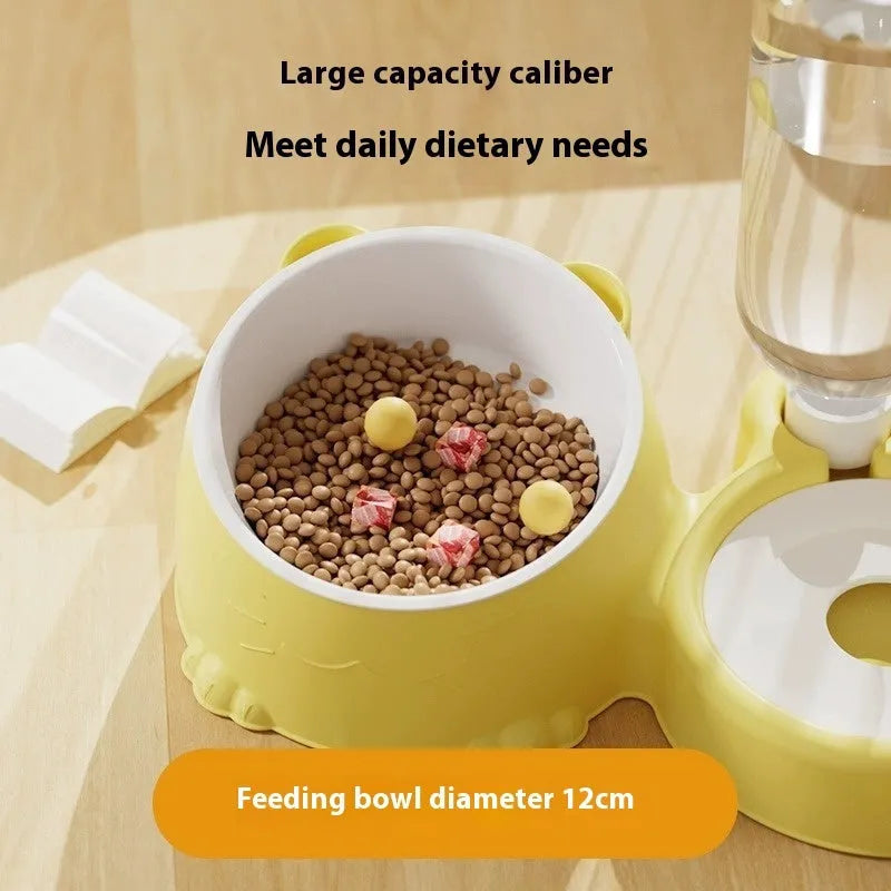 Automatic double bowl pet feeder with gravity dispenser in pink colour on elevated stand