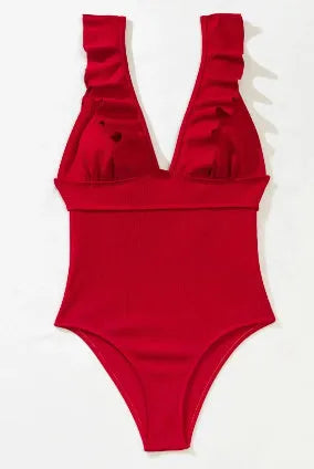 Women's one-piece solid-colour swimsuit with ruffled shoulder straps and back lace, black colour
