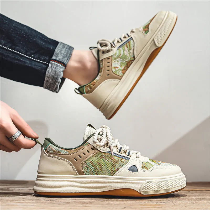 Men's beige and green canvas flat casual shoes with round toe on white background