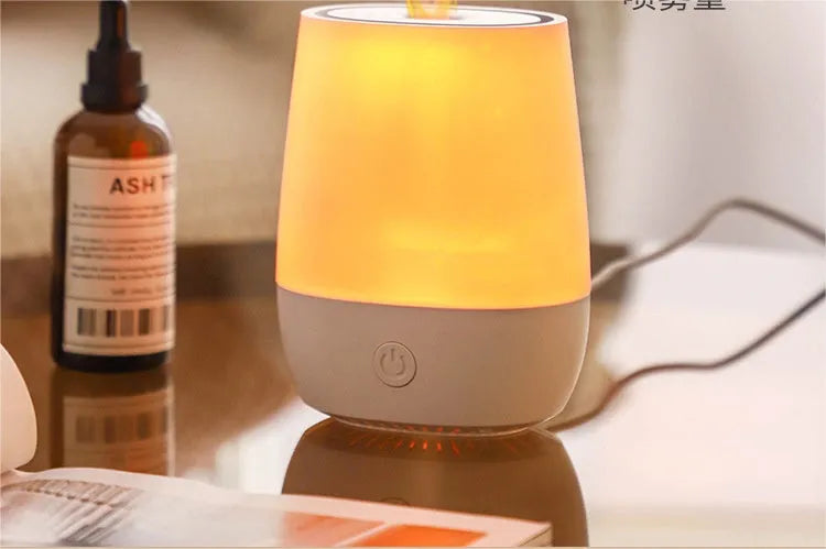 White USB aromatherapy diffuser with simulation flame effect and water tank