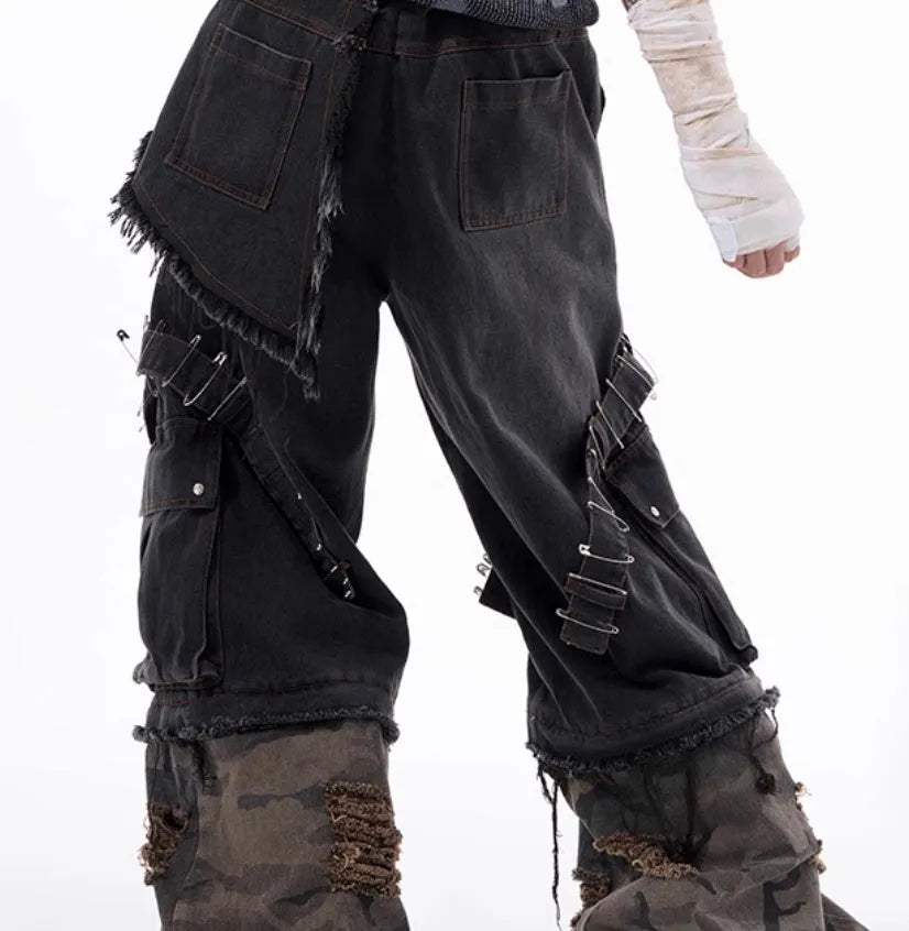 Men's grey camouflage splicing jeans with pin and ribbon details on cotton fabric