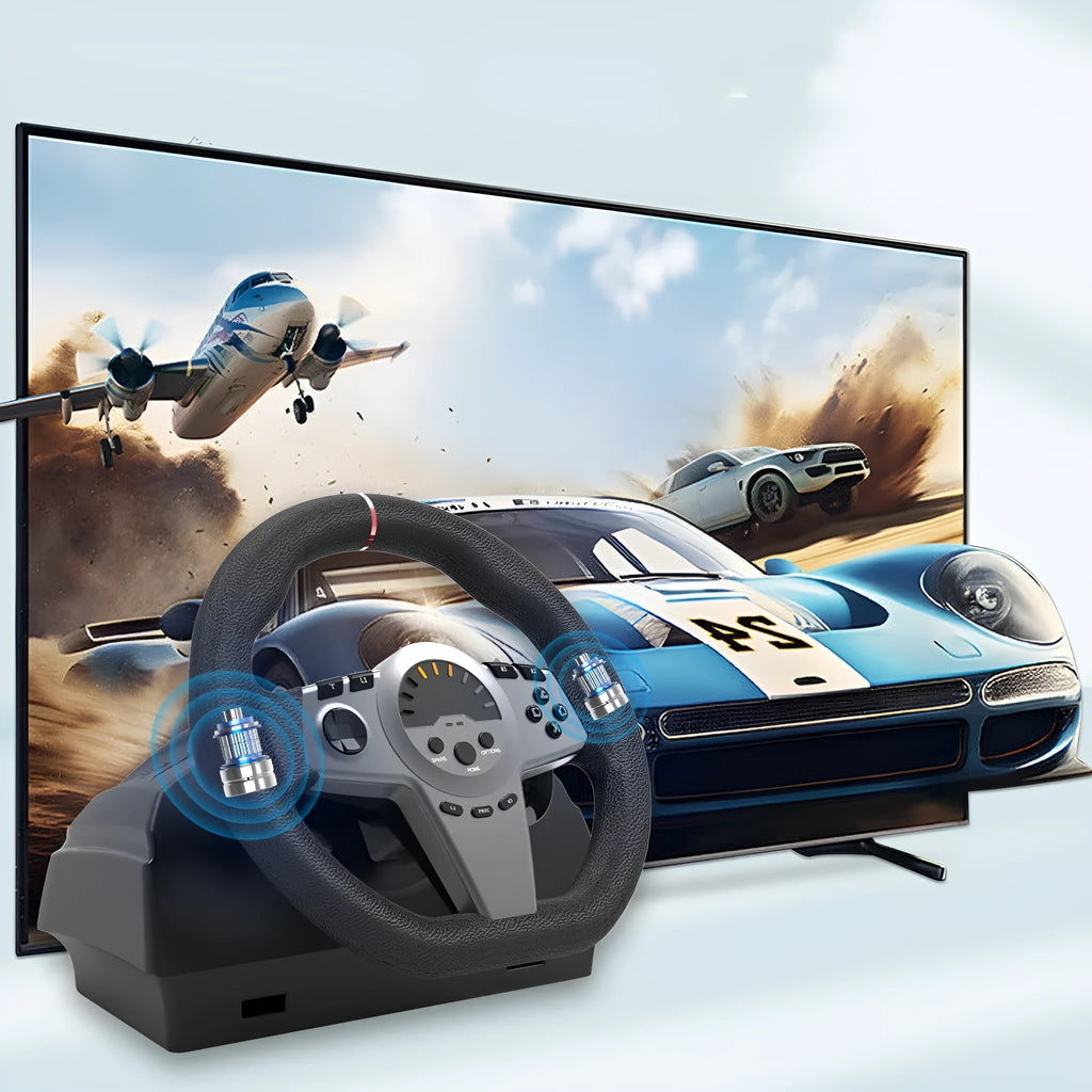 Black multi-platform steering wheel game controller with two pedals and vibration feedback for racing simulations