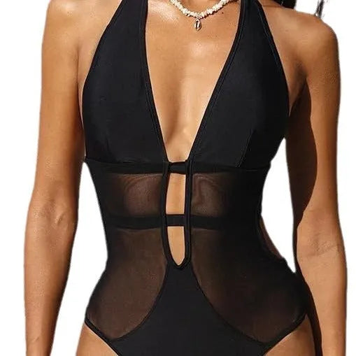 Women's V-neck hanging neck mesh black one-piece nylon swimsuit for swimming and wading