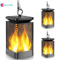 Black solar-powered LED hanging torch light with flickering flame effect for outdoor garden decoration.
