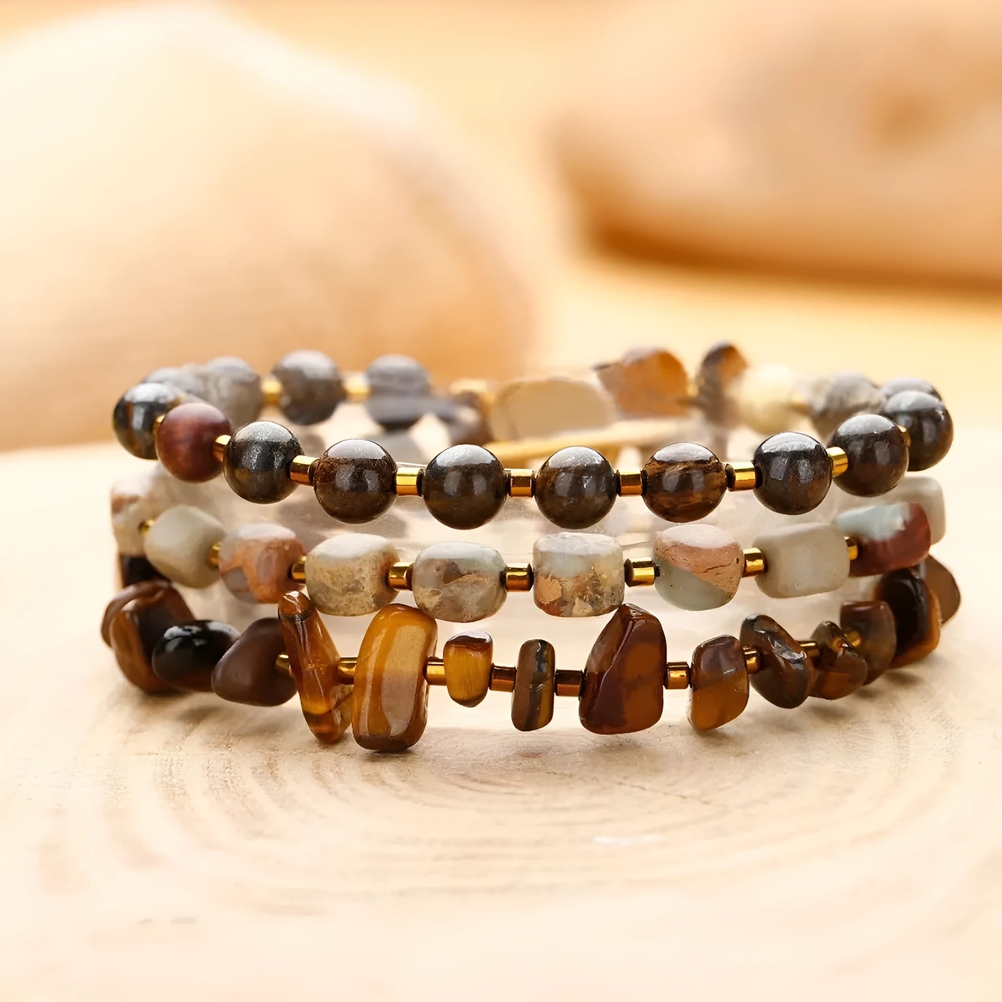 Natural tigereye bronze geometric bracelet with simple unisex style on neutral background