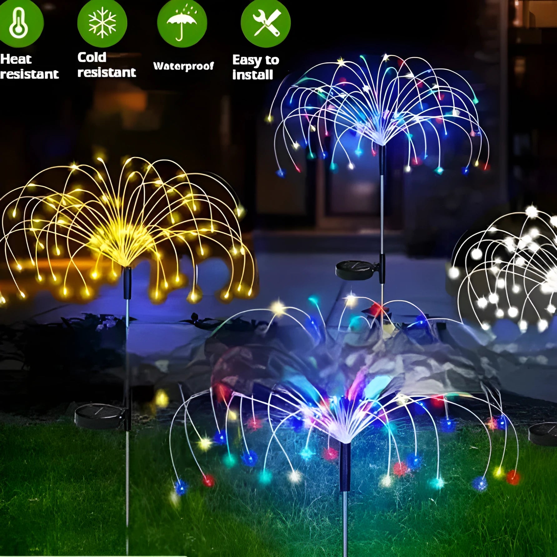 Solar powered fireworks lights with flower shape, IP65 waterproof, warm white and colourful options for garden outdoor ambient lighting