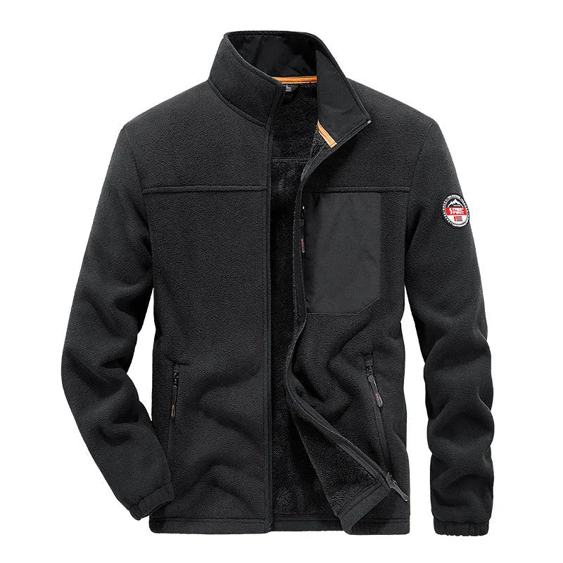 Men's solid-colour thickened fleece cardigan with zipper pocket in gray, black, blue, or khaki, sizes M to XXXXL