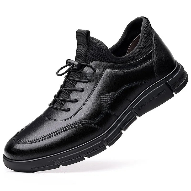 Men's black casual leather loafers with round toe, square heel, and slip-on design on a neutral background