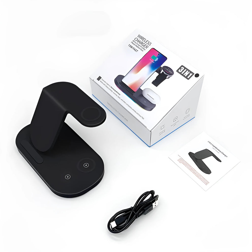 Three-in-one fast wireless charger for phone watch and headphones in ice crystal white ABS plastic