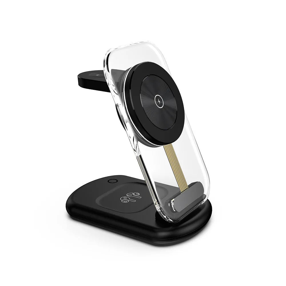 Transparent folding three-in-one magnetic wireless charger showing internal electronic components