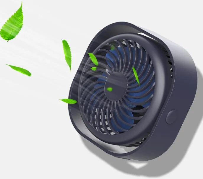 USB desk fan with alarm clock style in blue colour, showing 360-degree rotation feature.
