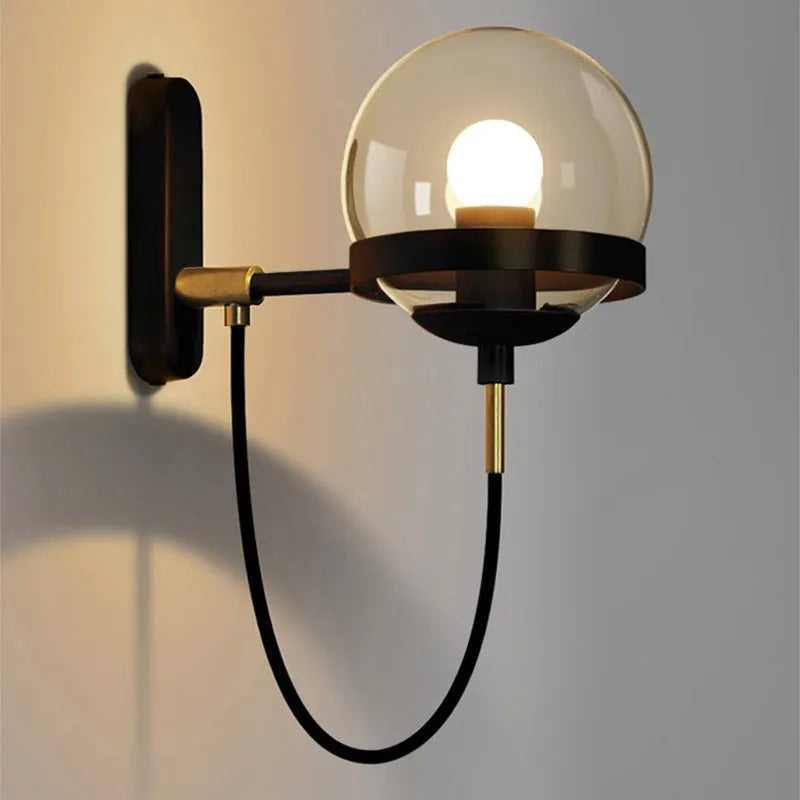 Modern retro wall lamp with glass shade, push button switch, black finish, LED light source for indoor use