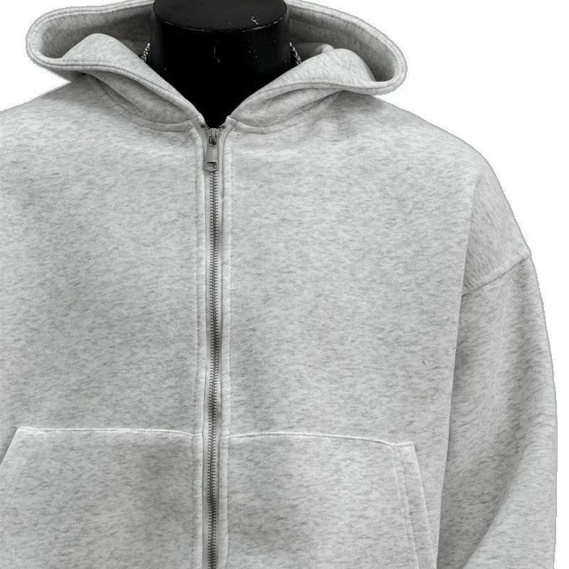 Men's back schoolbag design coat in light gray with hood and floral print, front view