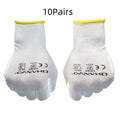 White PU coated labour gloves showing flexible palm and 24cm length, in sizes L and M.
