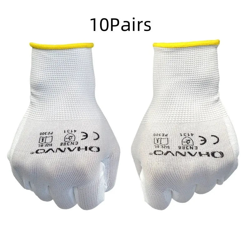 White PU coated labour gloves showing flexible palm and 24cm length, in sizes L and M.