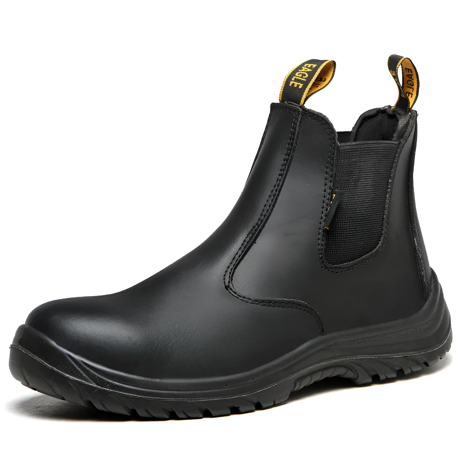 Black leather high-top safety boots with anti-piercing sole protection for workplace use