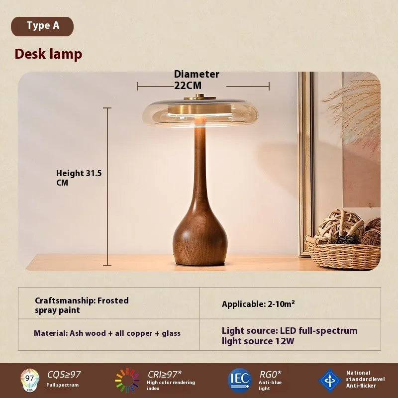 Solid wood Japanese retro bedside lamp with polished ash wood cognac shade and metal holder, low voltage