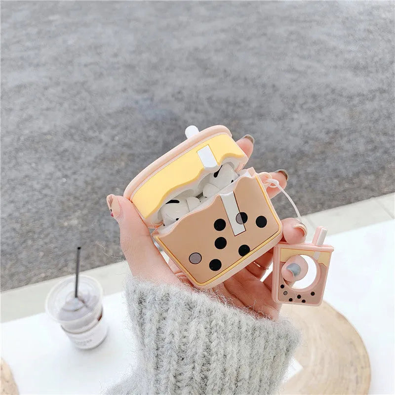 Milk tea silicone earphone cover for Apple AirPods 2nd generation in green, orange, pink, purple colours on white background