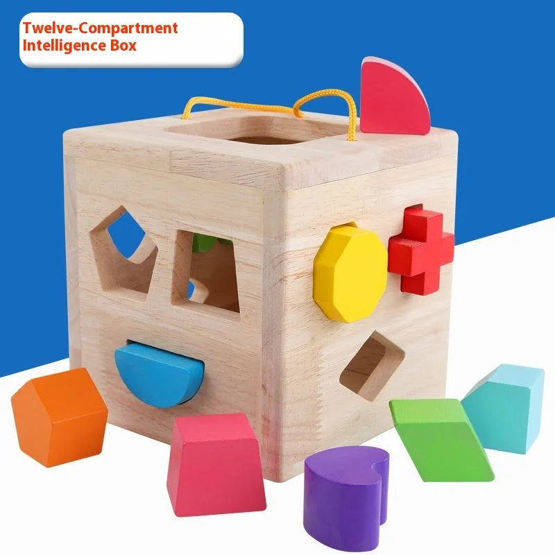 Wooden geometric shape matching building blocks with 19-hole intelligence box for infant education