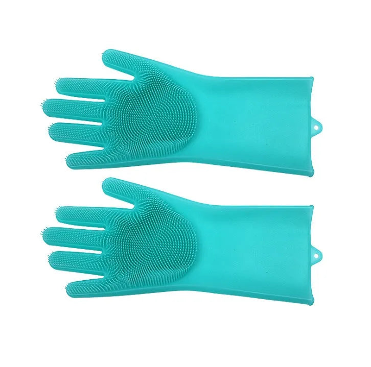 Silicone heat-resistant cleaning brush scrubbing gloves in blue, 357x165mm, on a kitchen counter